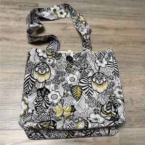 Floral Pattern Black & White Tote with Yellow Accents